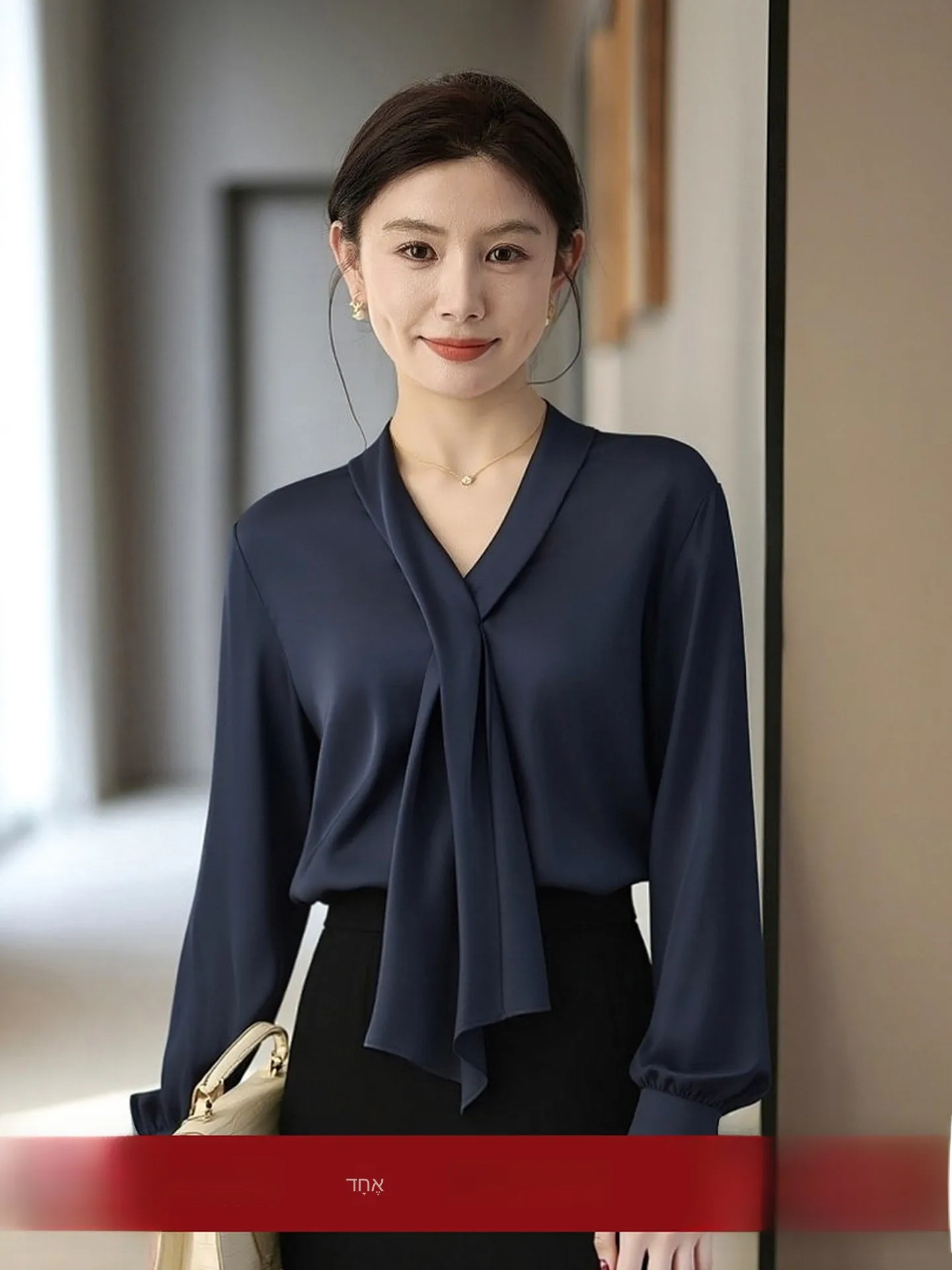 

Elegant V-neck Silk Charmeuse Shirt Women's Long Sleeve Bell Tie Business Style Slimming Fashion Spring Autumn Commute Color