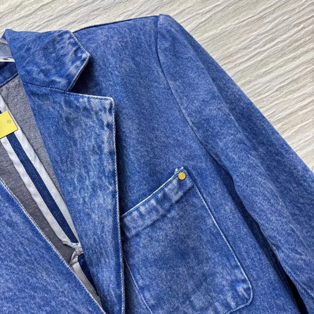 Snowflake Washed Denim Suit Jacket 2025 New Autumn Notched Patchwork Gold Single Breasted Pockets Chic Blazer