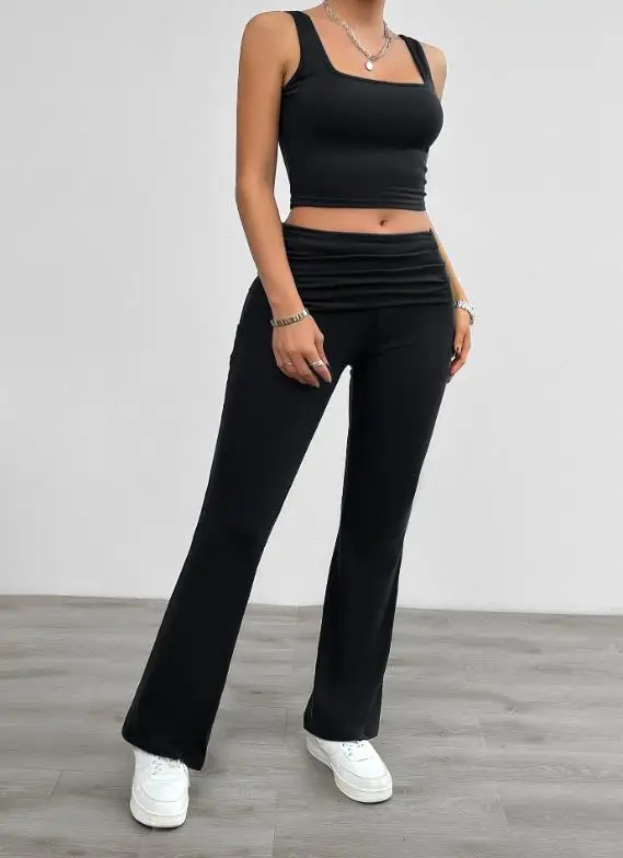 

Two Piece Set Women Outfit 2026 Spring Summer New Solid Color Square Collar Sleeveless Crop Vest & Casual Sports Yoga Pants Set