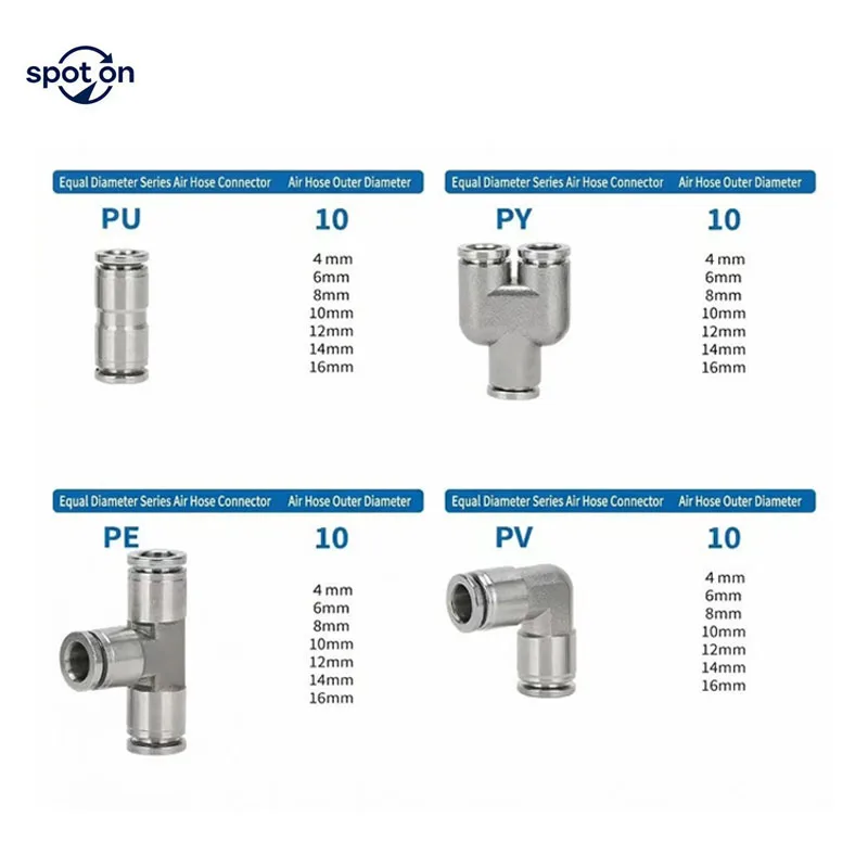4 6 8 10 12 14 16mm PU Elbow Cross Y Tee Push-In Quick 304 Stainless Steel Pneumatic Connectors Air Fitting