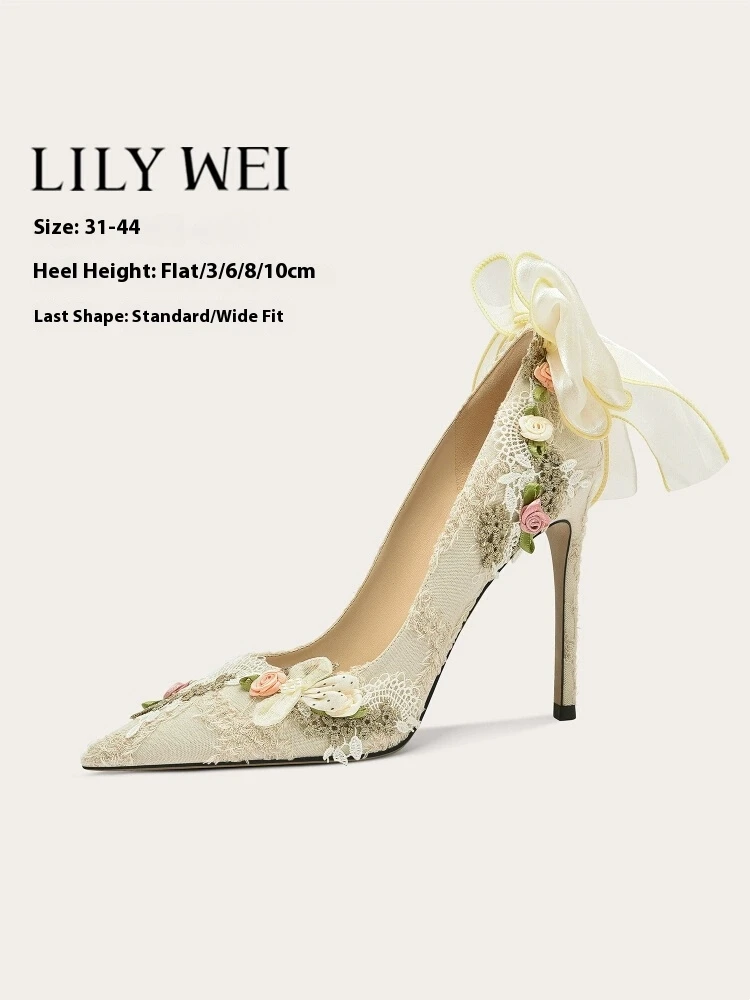 

Spring new pointed shallow cloth ribbon bow flower flat shoes thin high-heeled banquet large size small size women's shoes