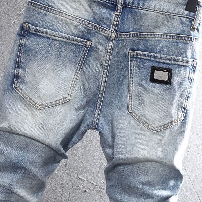 Street Fashion Men Jeans High Quality Retro Blue Stretch Slim Fit Ripped Jeans Men Patched Designer Vintage Denim Pants Hombre