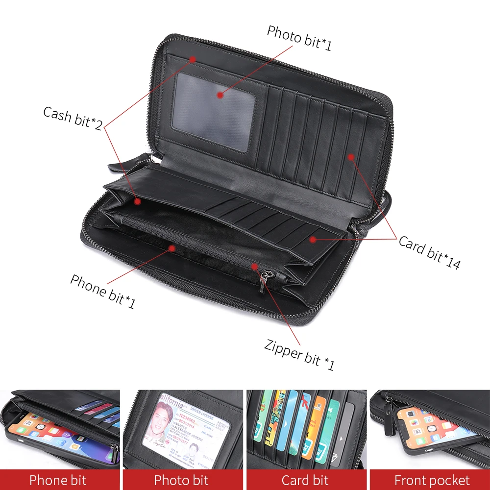 محفظة يد رجالي محافظ طويلة للرجال محفظة عمل كاجوال من الجلد الطبيعي مع سحاب حقيبة يد للهاتف ذات سعة كبيرة