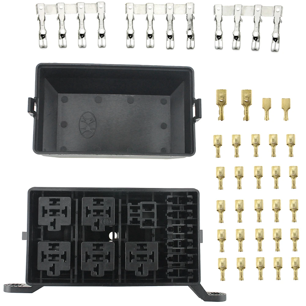 12-Slot Relay Box 6 Relays 6 ATC/ATO Standard Fuses Holder Block with 41pcs Metallic Pins Universal for Automotive and Marine