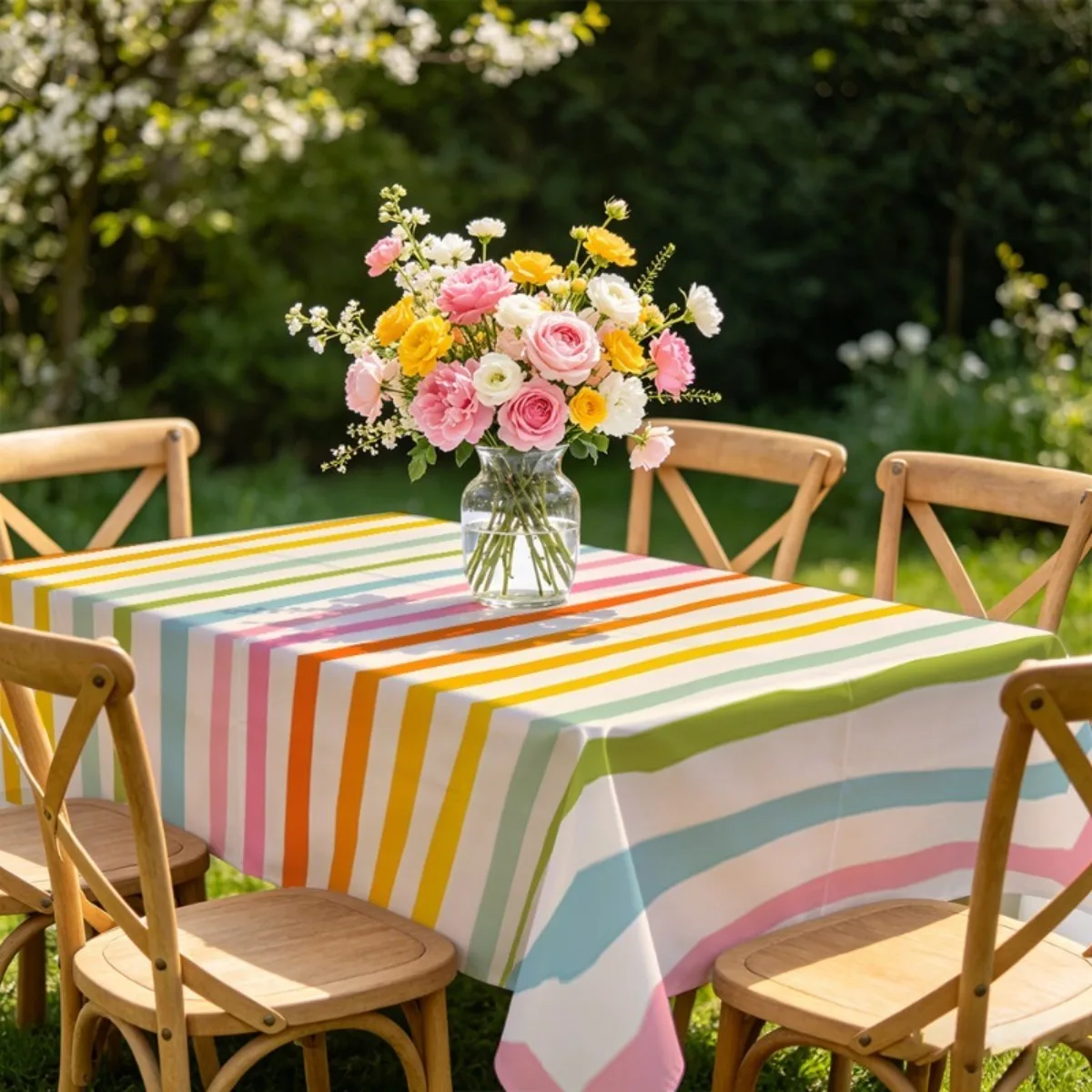 Polyester material, composed of various colors of vertical stripes, with the colors of the stripes alternating.