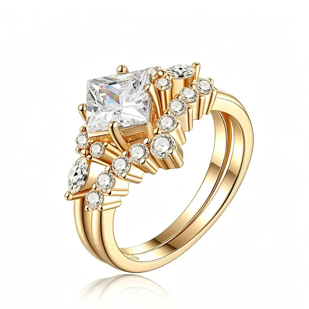 925 Silver Princess‑Cut Cluster Split Shank Bridal Set Engagement Ring Zircon Multi Tone Wedding Promise Fine Jewelry For Women