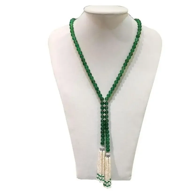 Super beautiful natural 8mm green jade freshwater pearl tassel necklace