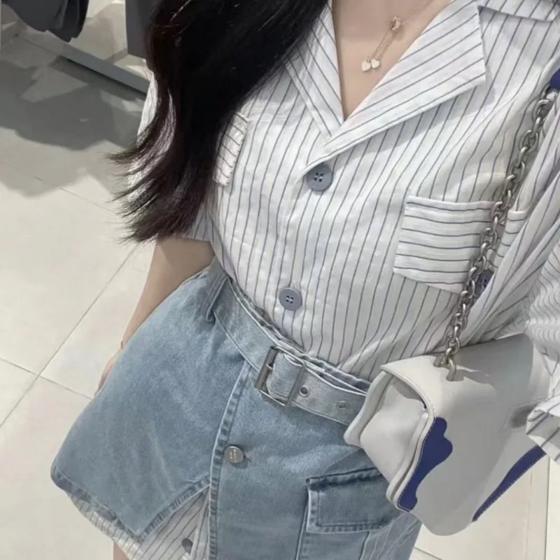 2 Pieces Sets for Women Sexy Denim Skirt Slit Mature Stripe Woman Outfit Short Sleeve Luxury Designer Clothing Korean Style Full