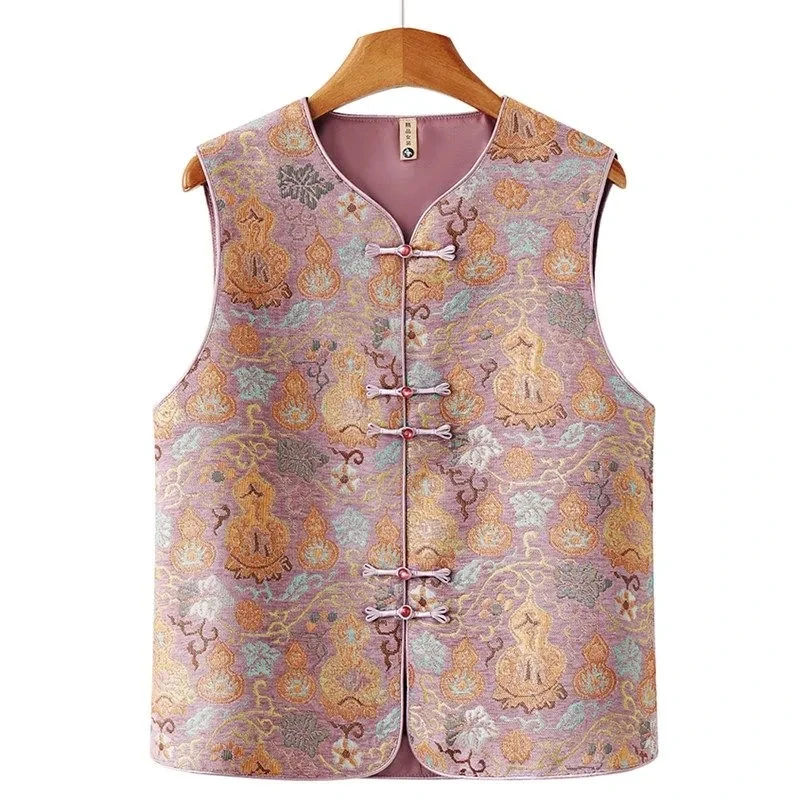 New Chinese Style Gourd Jacquard Vest For Women Spring Autumn Collarless Button-Down Shirt Retro High-End Outerwear Women Vest