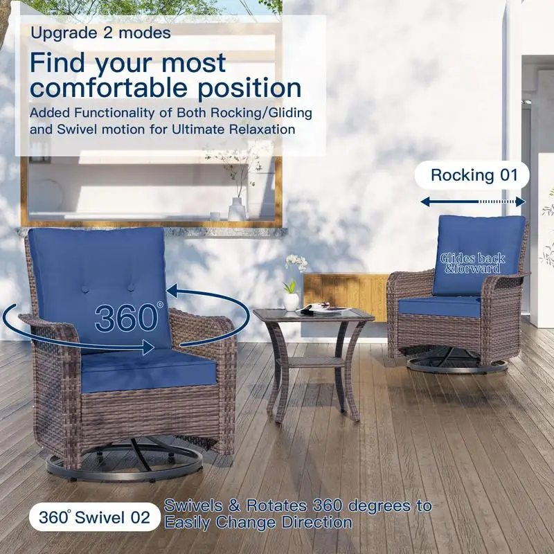 3 Pieces Patio Furniture Set,Outdoor Swivel Rocking Chairs Porch Furniture Patio Rattan Chairs with Table
