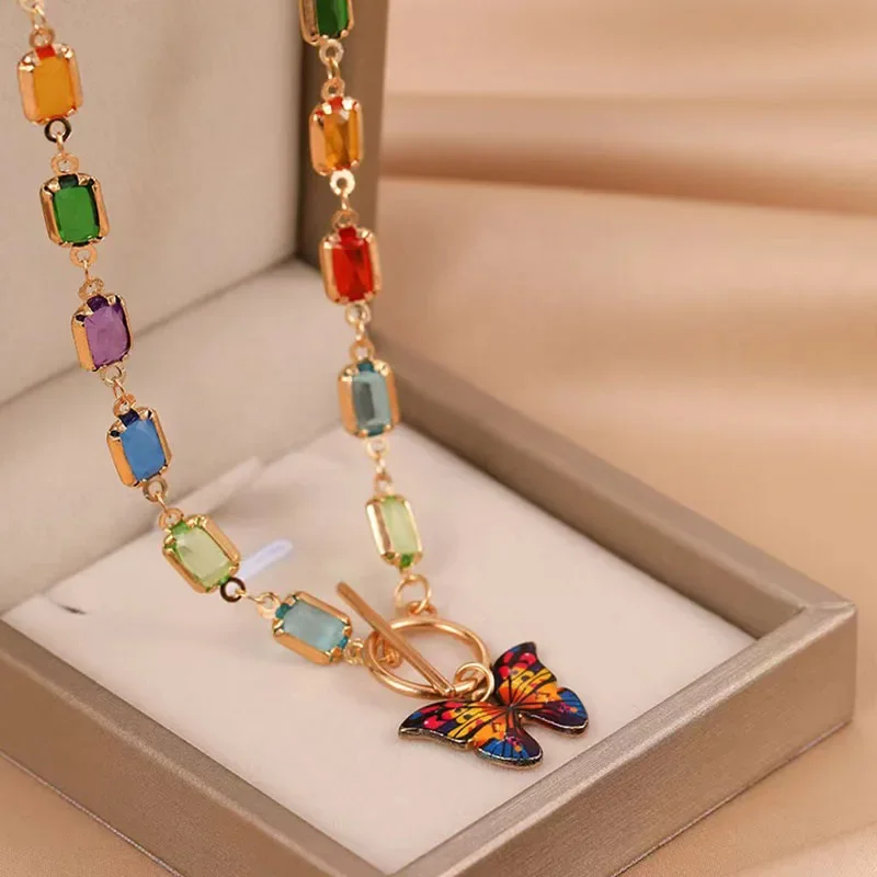

New Colored Glass Necklace Butterfly Pendant Chain Women's Gold Plated Fashion Jewelry Hot Selling Party Gift Accessories