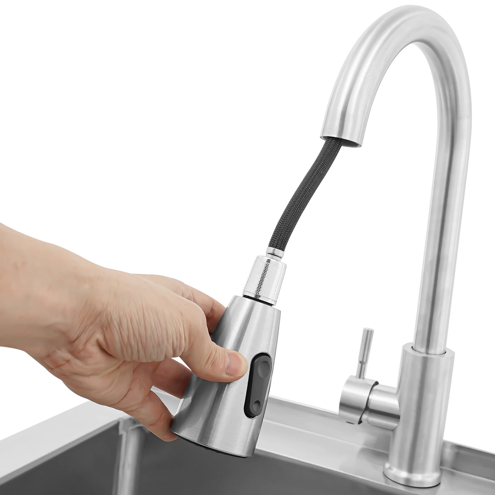 حوض غسيل ذو وعاء واحد، حوض تجاري مع صنبور قابل للسحب، حوض غسيل من الفولاذ المقاوم للصدأ مع حامل