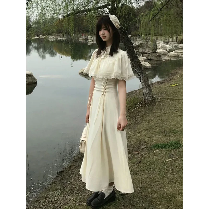 MEXZT Vintage Midi Dress Donna Harajuku Bow Lace Bandage Abiti Estate giapponese Mantello Manica Aderente Design A Line Abiti Nuovo