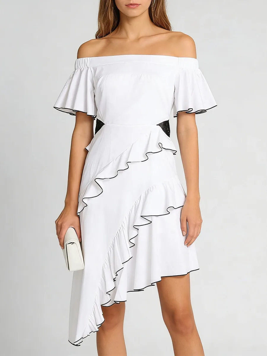 TWOTWINSTYLE Hit Color Spiced Ruffles Folds Fashion Dresses for Women Slash Neck Short Sleeves High Waist Irregular Dress Female