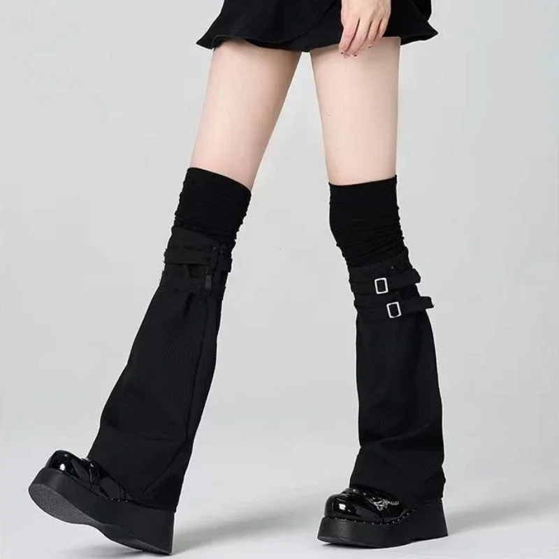 

Subculture Harajuku Women Sweet Lolita Y2K GIRL Leather Buckle Black White Horn High Tube Knee Over Socks Keep Warm Leg Warmers