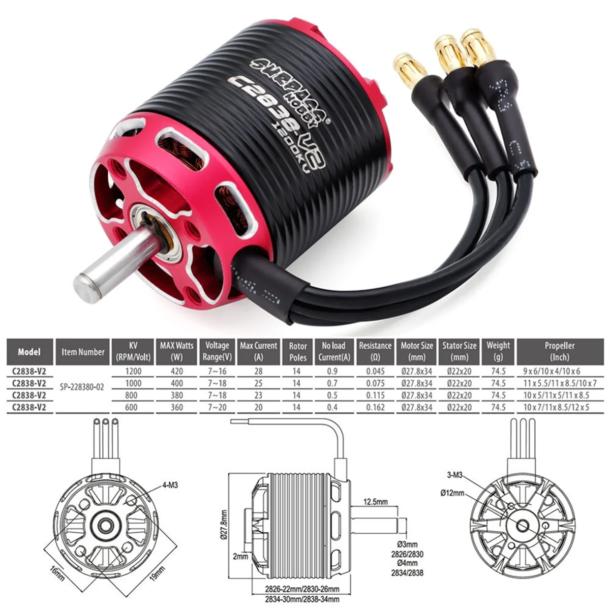 C2838 V2 2-3S 2-4S Motor sin escobillas Outrunner de 14 polos para avión de ala fija