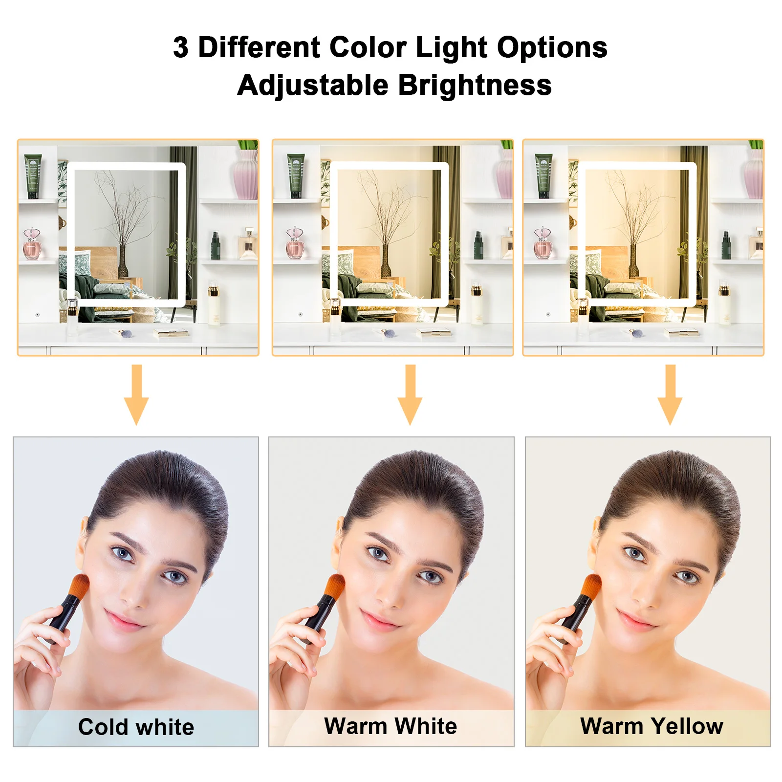 【صفقات 11.11، عروض الجمعة السوداء 2025】مجموعة مقاعد كبيرة لطاولة الزينة مع مرآة مكياج LED ذكية مكونة من 6 أدراج مكتب زينة