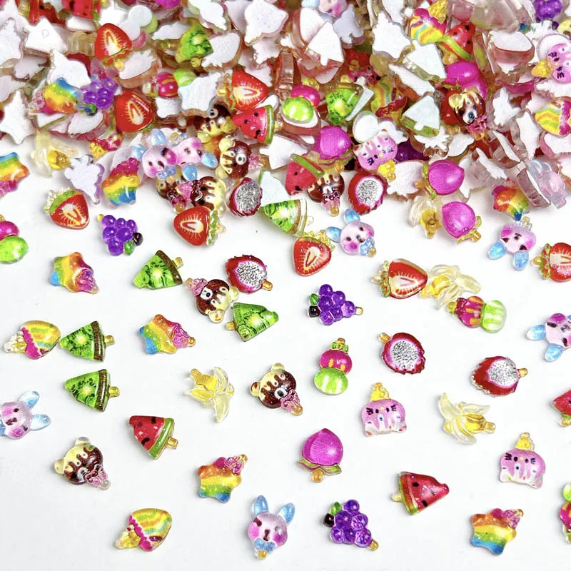 30Pcs Color Simulated Bear Peach Star Ice-cream Nail Charms 3D Resin Fruits Ice-cream Cool Summer Nail Art Decorations DIY