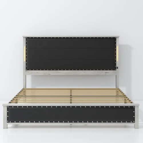 King Size Bed Frame with Upholstered Headboard, King Bed Frame with Charging Station and LED Lights, Wood Slatspromote sales