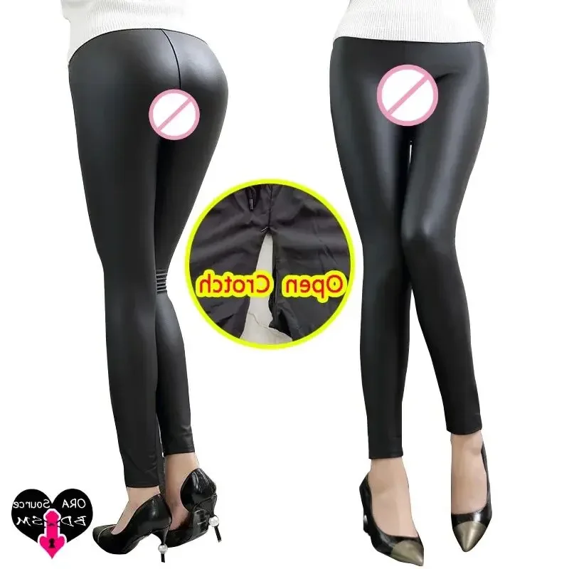 Woman Open Crotch PU Pants High Rise Slim Crotchless Leggings Leather Hidden Zippers Trouser Elastic Goth Outdoor Sex Costume