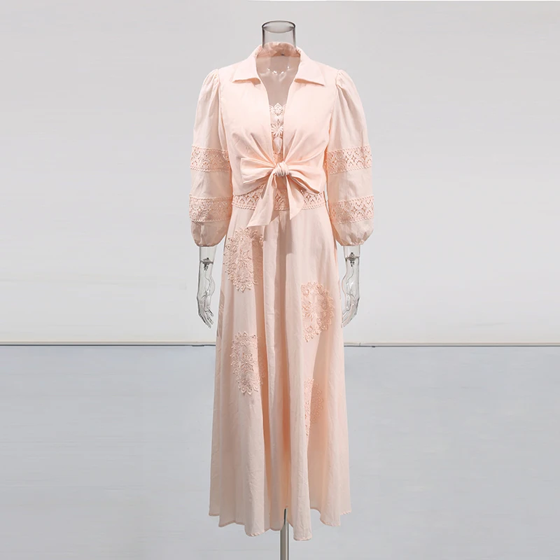 TWOTWINSTYLE Spliced Appliques Three Piece Sets for Women Lapelk Long Sleeves Top Sleeveless Vest High Waist Skirt  Set Female