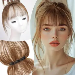 Clip in Bangs Ash Brown 100% Human Hair Bangs with 3 Non-slip Clips 360°Cover Top HairPieces with 5 inch Wispy Fringes for Women