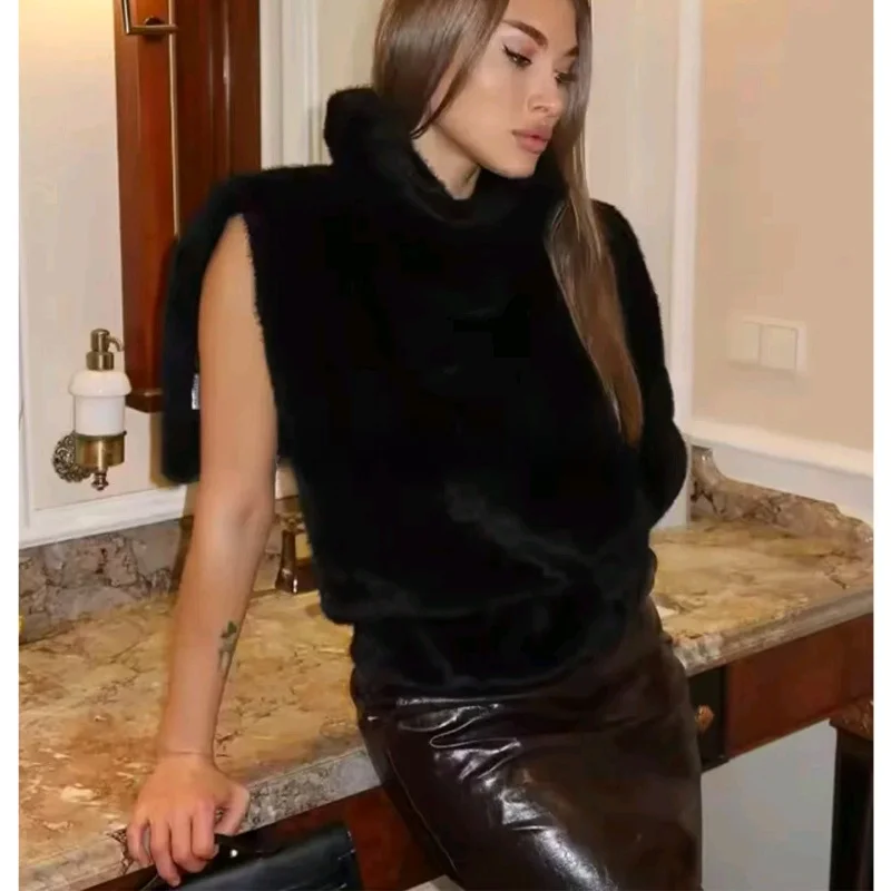 Chaleco envolvente con efecto de piel sintética para mujer, cuello alto, sensación de diseño, informal, holgado, francés, novedad de invierno