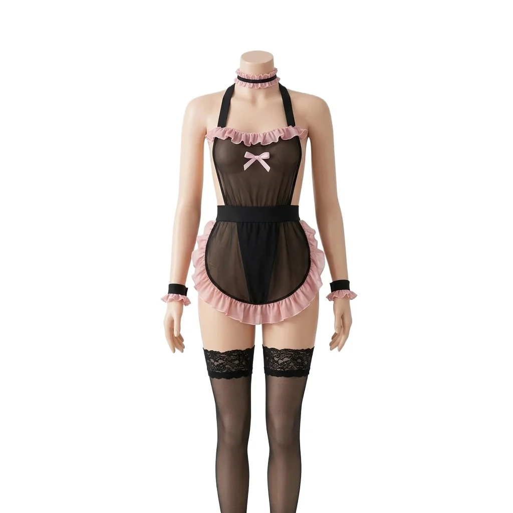 Women Sweet Maid Lingerie Costume Ruffle Apron Bodysuit Pink Bow Decor Role Play Outfit