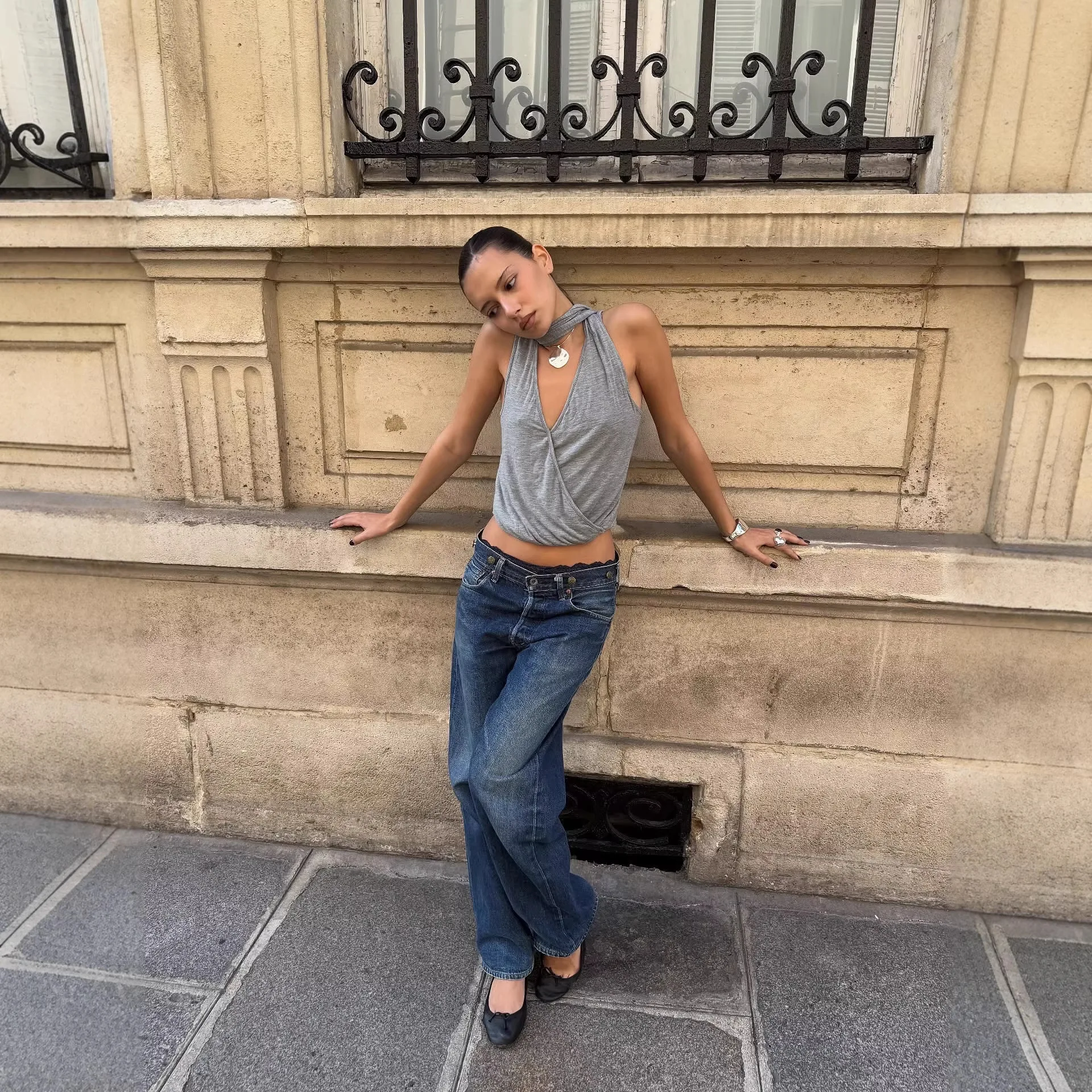 

2026 Collar Side Waist Pleated Slim-fit Vest Skinny Ribbon Deep V Versatile Solid Color Vest Top