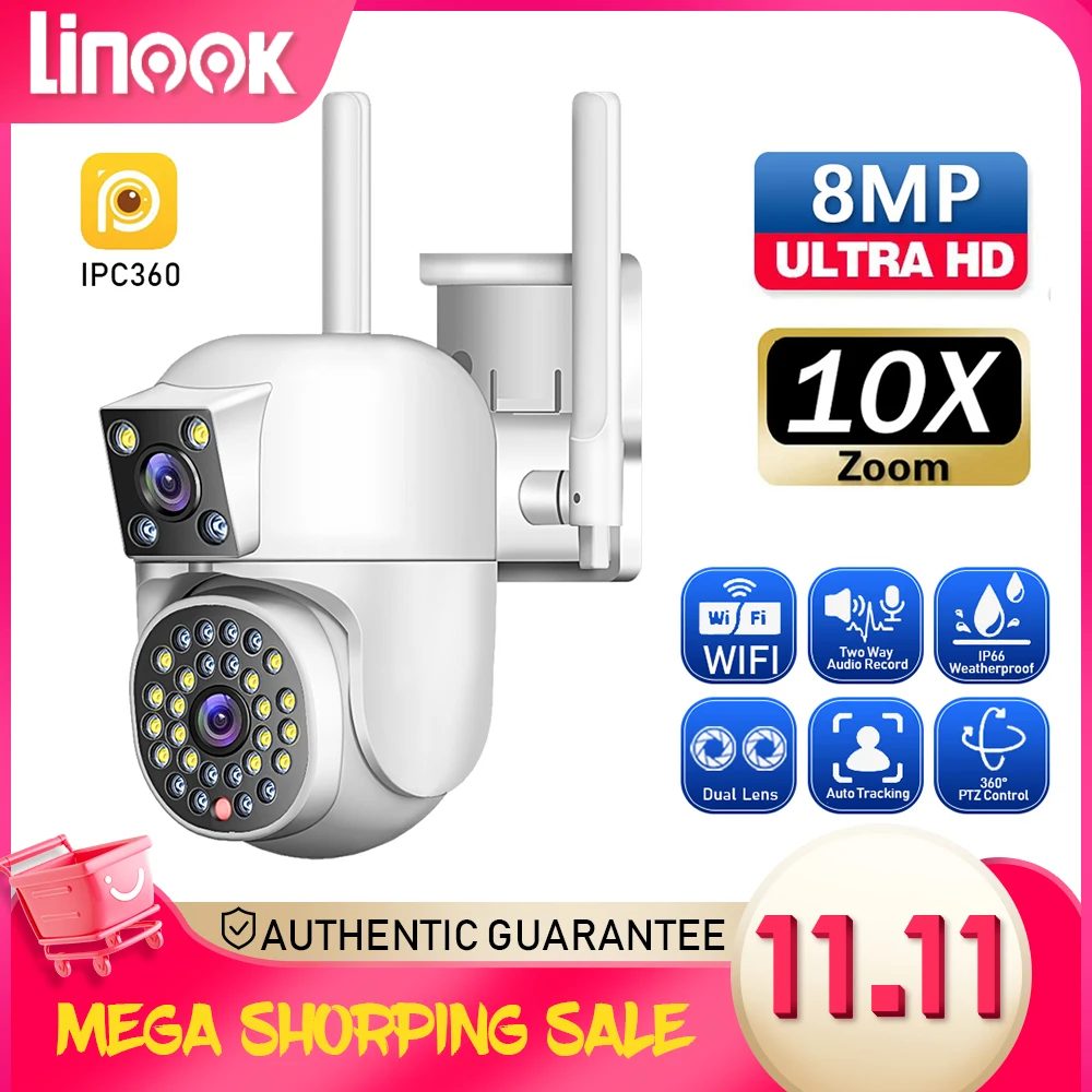 Linook IPC360,WiFi dual lens full HD 8MP outdoor camera,CCTV 360 degree camera,CCTV camera with intelligent color night vision