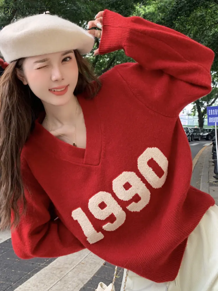 Pullovers for Women Autumn Red Simple All-match Loose Students Ulzzang Letter Chic Leisure Trendy V-Neck Comfortable Creativity