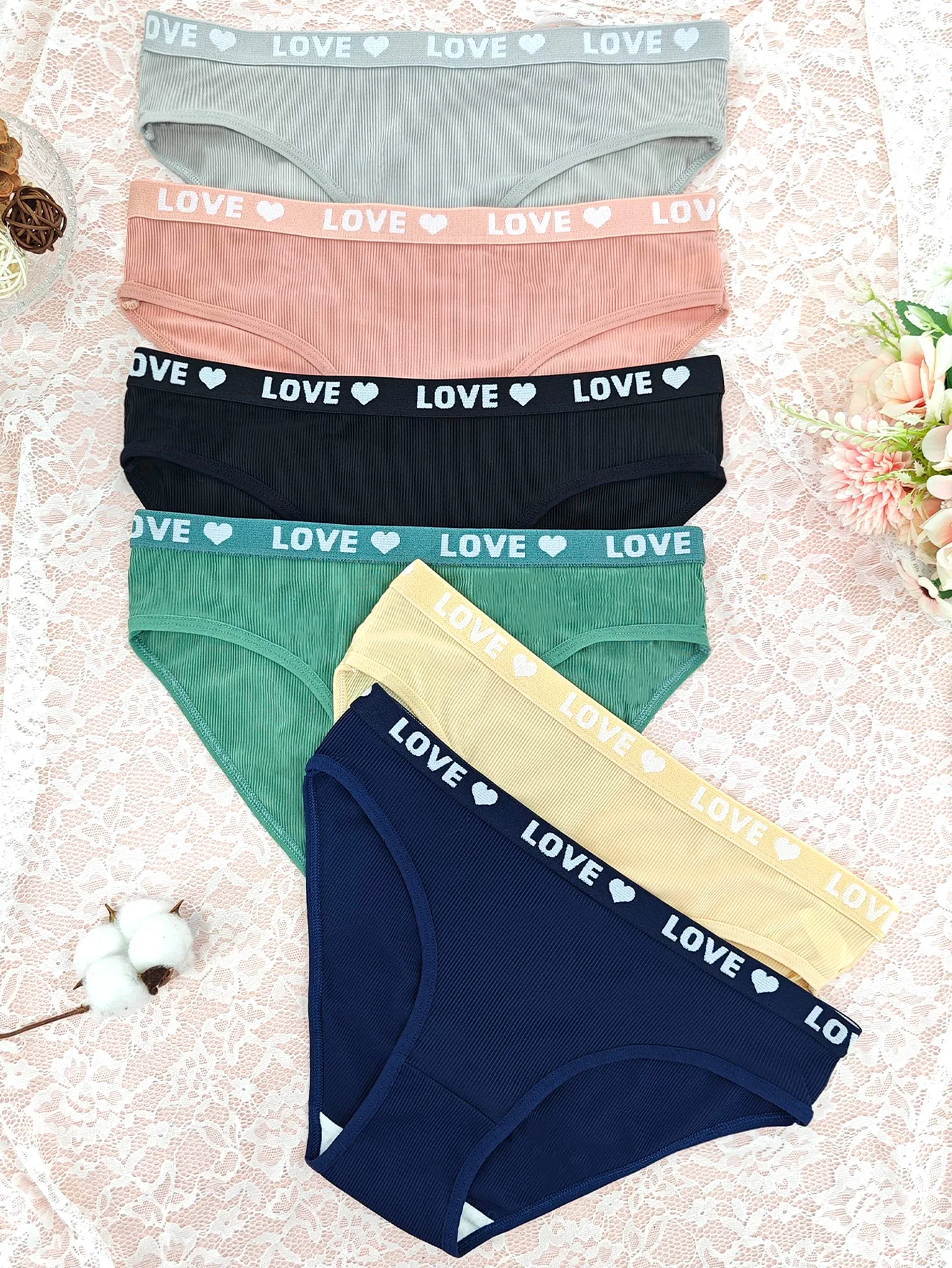 حزام على شكل قلب، سلسلة ألوان الحلوى، حدث رياضي، سراويل داخلية نسائية، طقم مكون من 6 قطع، ألوان مختلطة