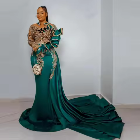 Elegant Pleated Sleeve Ruffle Applique Formal Gowns Overskirt Removable Teal Evening Dress Beads Gorgeous Mermaid Prom Dresses