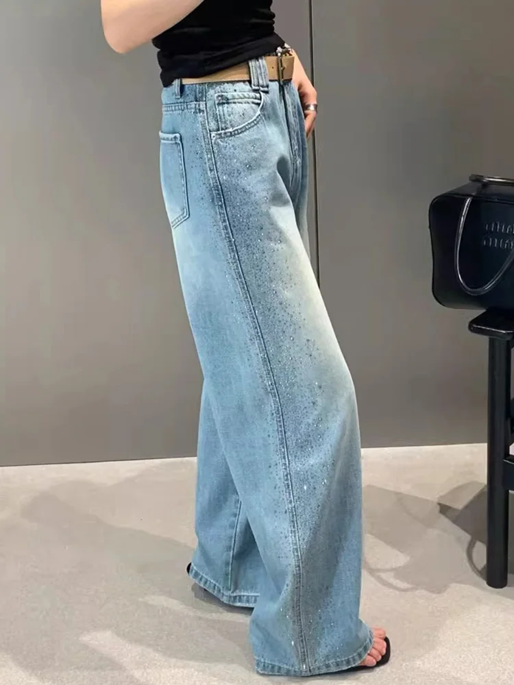 American Retro Design Side Rhinestone Denim Pants Women Summer New Fashion Loose All-Match Floor-Length Trousers