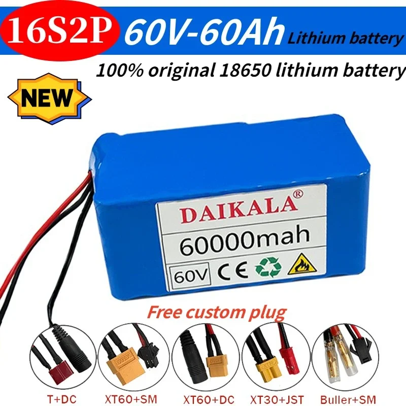 

60V 16S2P 60Ah 18650 Lithium-ion Battery Pack 67.2V Lithium-ion 60000mAh Electric Bicycle Scooter with 30A BMS 750W 1000W