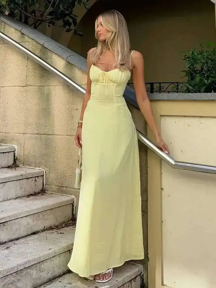 Elegant Maxi Long Waist Wrap A-line Dress Women Spaghetti Strap 2025 Spring Summer Dress Backless Sexy Party Dresses XRKG