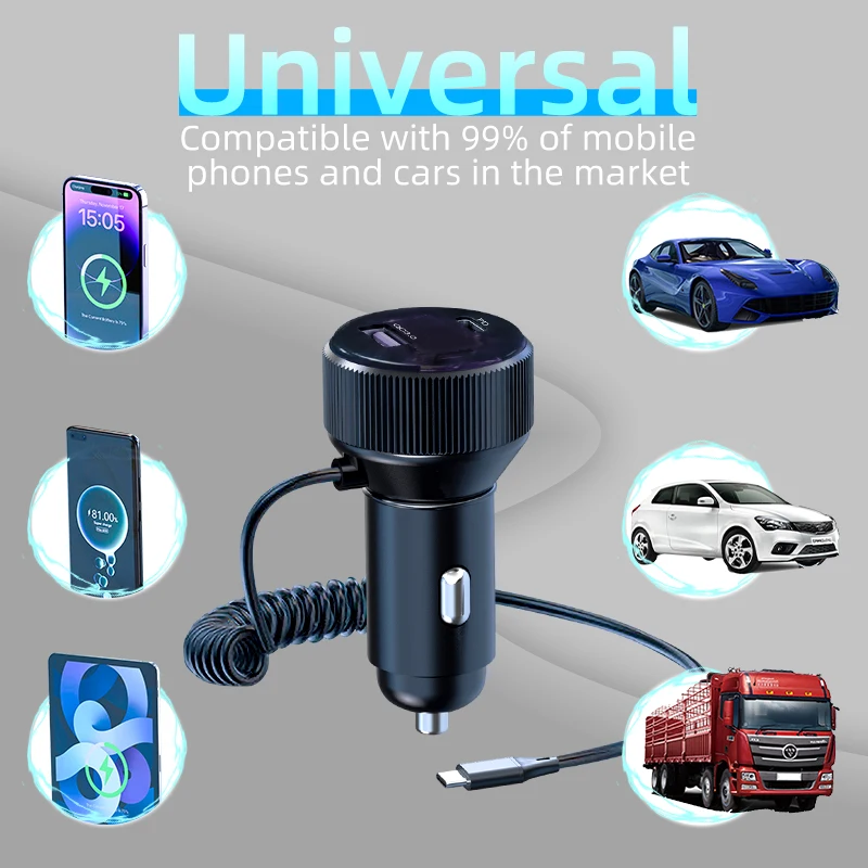 External Spring Charging Cable PD30W Multi-colour Ambient Light Fast Charging Car Charger