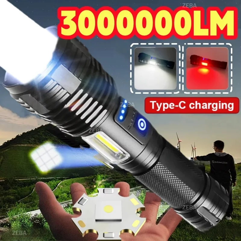 Суперяркий светодиодный фонарь 3000000 лм, USB-перезаряжаемый, водонепроницаемый, тактический, COB, для кемпинга, мощный свет, на аккумуляторах 18650/26650