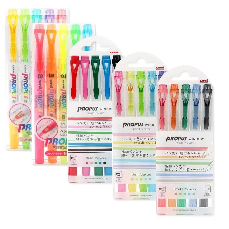 5pcs/set Uni PROPUS Window Double-tip Highlighter Pen PUS-103T Student Painting Graffiti Soft Color Marker PUS-102T