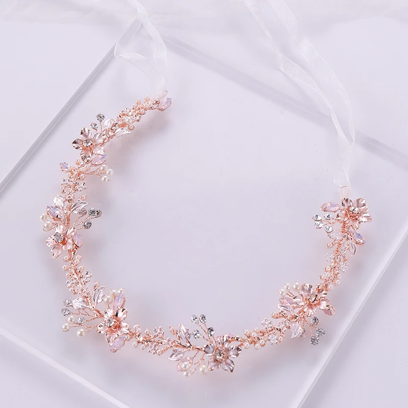 Rose Gold Crystal Pearl Hair Ornaments Headband Flower Bridal  Handmade Tiara Hair Jewelry woman Wedding Headpiece Jewelry Party