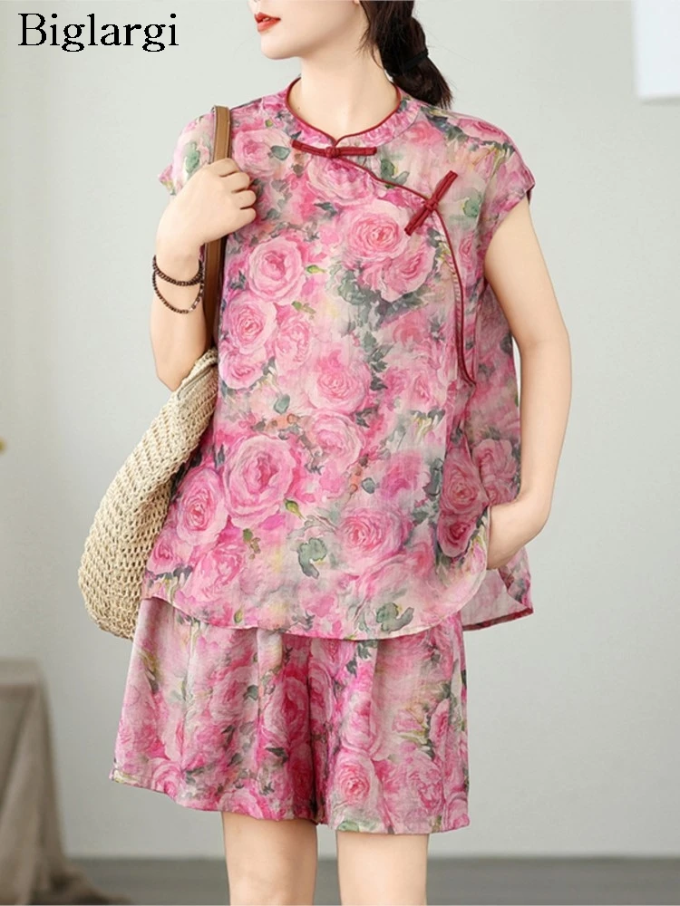 

Летний комплект из двух предметов с цветочным принтом большого размера, женские модные повседневные женские блузки, свободные плиссированные женские мини-шорты с широкими штанинами
