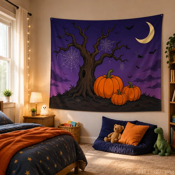 VIKAMA Cartoon Purple Halloween Tapestry Dead Tree Pumpkin Spider Web Crescent Moon Bat Wall Hanging Kids Bedroom Decor