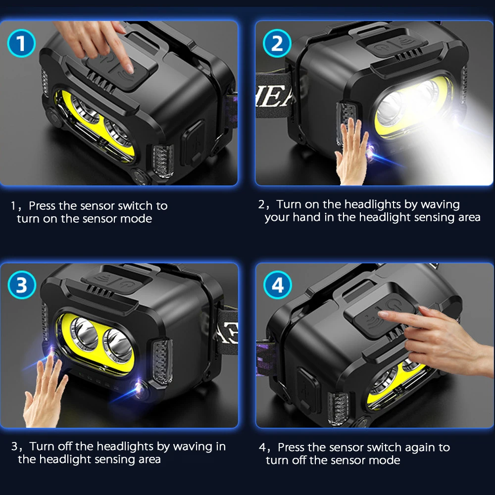 COB LED Headlamp Sensor Headlight with Built-in Battery Flashlight USB Rechargeable Head Lamp Torch 6 Lighting Modes Work Light