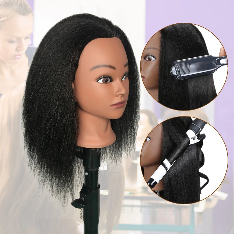 100% Real Human Hair Premium Afro Black Long Straight Hair Training Mannequin Head for Cosmetology Manikin Doll Head Hairdresser