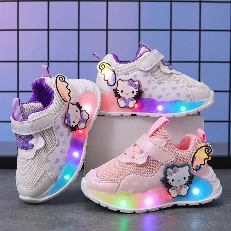 Baby Girls Cute Hello Kitty Luminous Shoes Children\'s Breathable Glowing Sport Shoes Fashion Hook Toddler Shoes Led Flash Lights