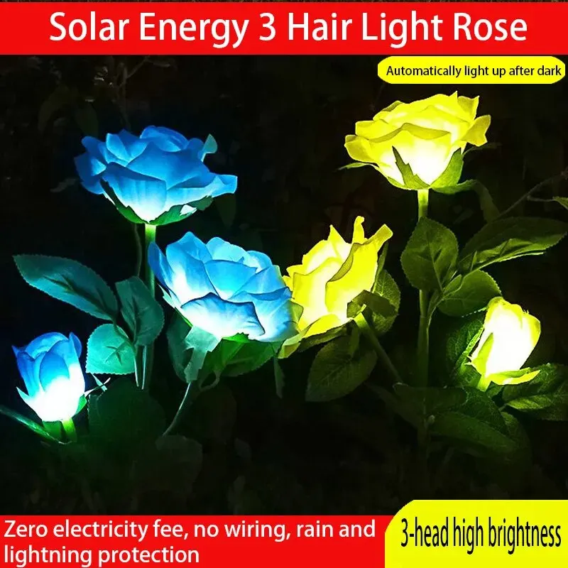 Three HeadeSolar Rose Light LED Garden Decoration Simulation Outdoor Waterproof Courtyard ParkGround Insertion Lawn Light