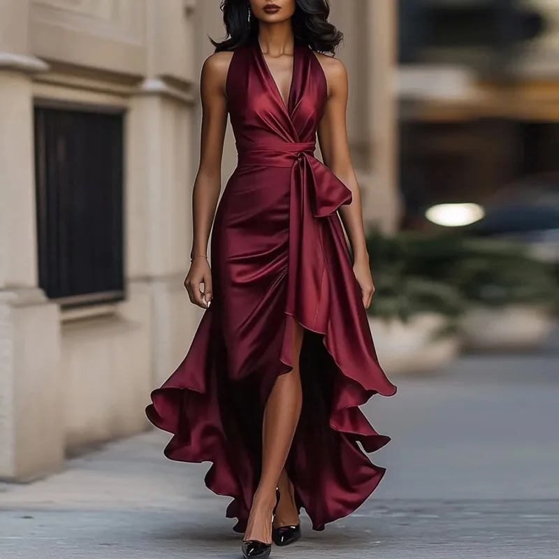 セクシーな V ネックボウカクテルパーティードレス女性エレガントな高級サテンフリル不規則なドレス夏ノースリーブ中空ロングドレス