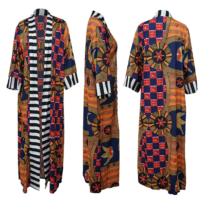 Spring Summer African Printed Outwear Women Causal 3/4 Sleeve Open Trench Coat Women Overcoat Beachwear