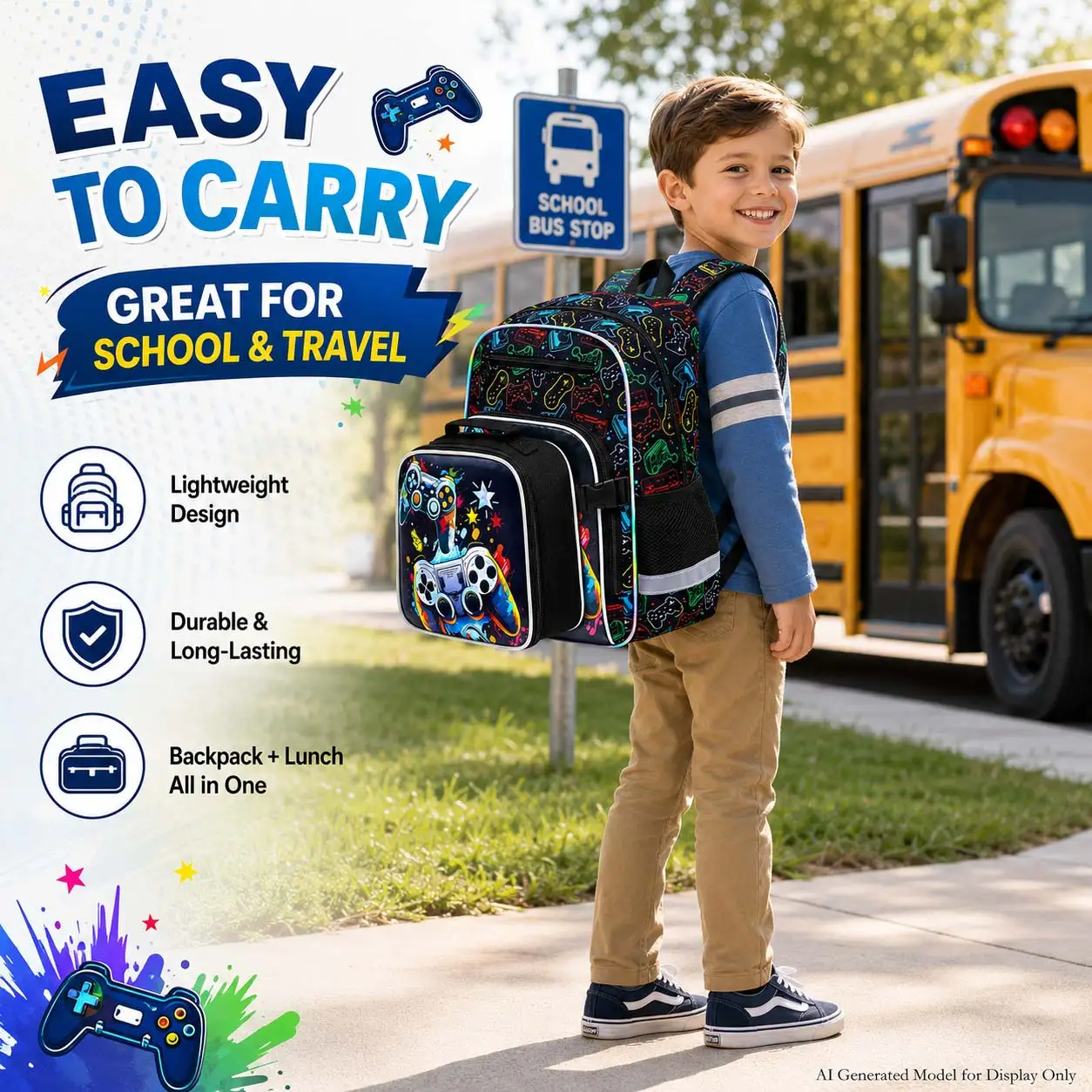 3Pcs Backpack for Boys, Cool Video Game Controller School Bag Set with Lunch Box & Pencil Case, Kids Bookbag Back to School image 4
