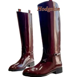 Solid Patent Leather Metal Boots Knee High Chunky Low Heel Slip On Round Toe Boots Fashion 2025 New Arrivals Casual Winter Boots